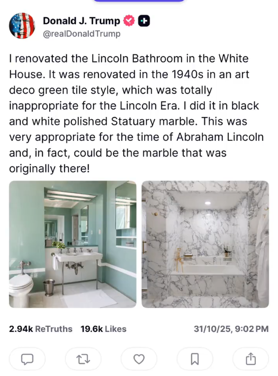特朗普爆改白宫浴室引热议!