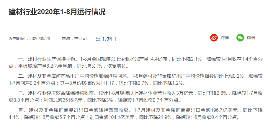 建材行业2020年1-8月生产保持平稳