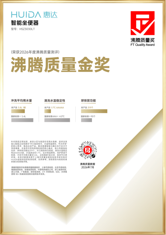 惠达卫浴双产品荣获2026沸腾质量金奖 硬核数据夯实品质标杆